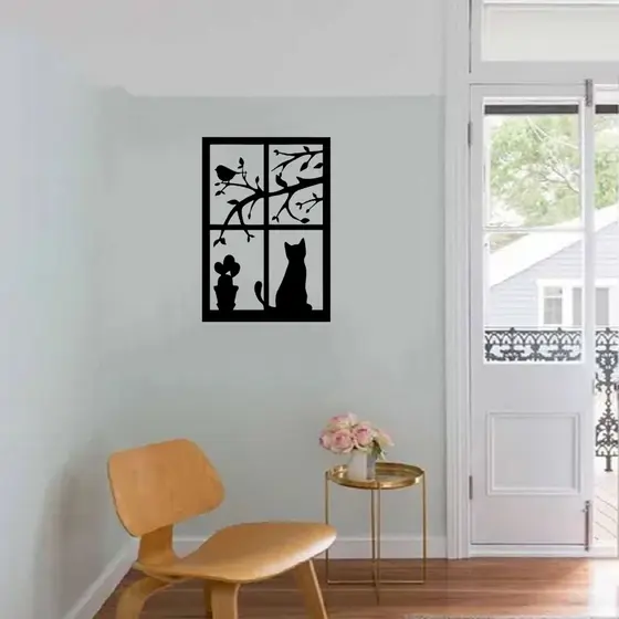 Quadro decorativo passaros e gato