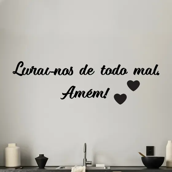 Religioso Frase Livrai-nos de Todo Mal Amém MDF Quadro Decorativo 3mm Preto Fosco