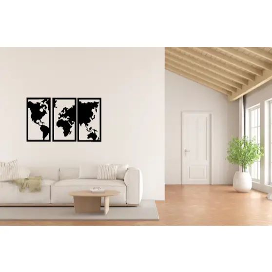 Painel 3 quadros  Mapa Mundi Decorativo Para Parede Mdf 3mm + Fita dupla face