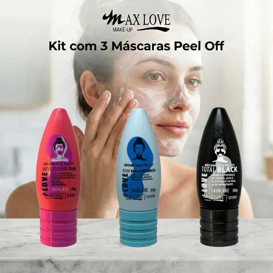 Kit com 3 Máscaras Peel Off - AntiOleosidade Dia, Ácido Hialurônico, Total Black Max Love
