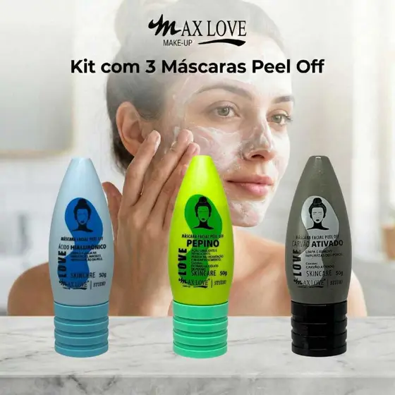 Kit com 3 Máscaras Peel Off - Ácido Hialurônico, Pepino, Carvão Ativado Max Love