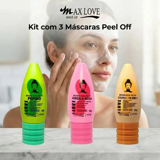 Kit com 3 Máscaras Peel Off - Pepino, Vitamina C 10em1, Argila Rosa Max Love