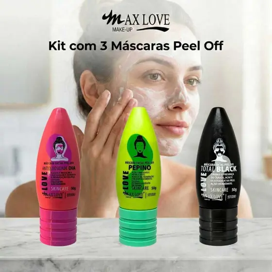 Kit com 3 Máscaras Peel Off - AntiOleosidade Dia, Pepino, Total Black Max Love