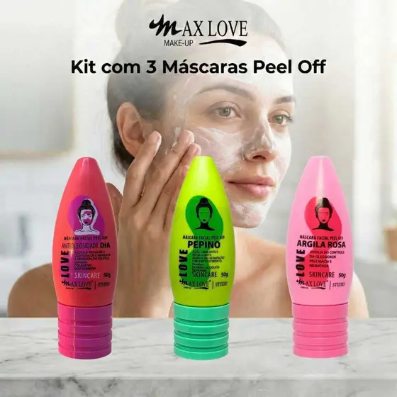 Kit com 3 Máscaras Peel Off - AntiOleosidade Dia, Pepino, Argila Rosa Max Love