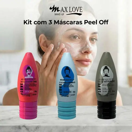 Kit com 3 Máscaras Peel Off - AntiOleosidade Dia, Ácido Hialurônico, Carvão Ativado Max Love