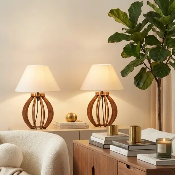 Abajur de Mesa Bolinha Marrom Branco Madeira MDF Luminária Cabeceira Quarto Sala Decorativo
