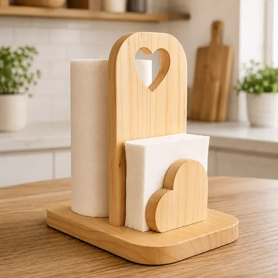 Porta Papel Toalha e Guardanapo Coração Madeira Pinus Organizador Cozinha Mesa Casa Decoração