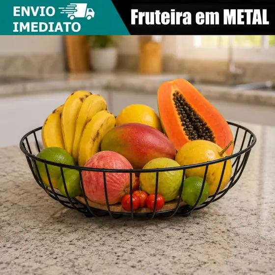 Fruteira de Mesa Metal Preto Cozinha Rustica de Ferro e Bambu Café da Manhã Multiuso Organiza Fruta
