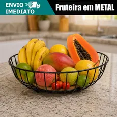 Fruteira de Mesa Metal Preto Cozinha Rustica de Ferro e Bambu Café da Manhã Multiuso Organiza Fruta