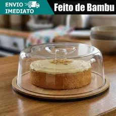 Boleira Queijeira Bambu Grande Com Tampa De Acrílico Porta Bolo Torta Pudim Queijo 28cm Ecológica