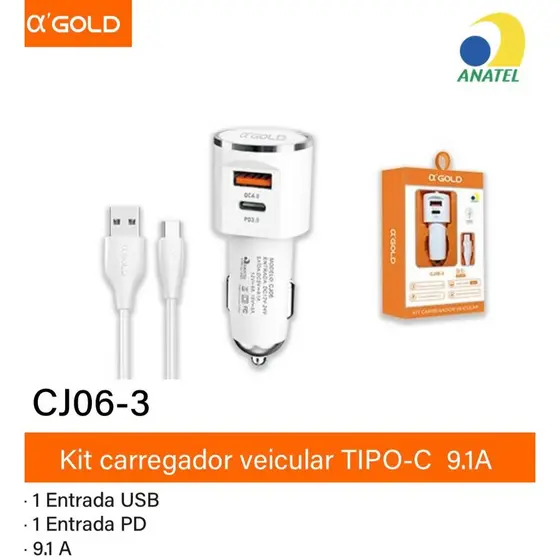 A'GOLD Carregador Veicular Turbo 40W 9.1A Qc4.0 CJ06-3 + Cabo Tipo-C