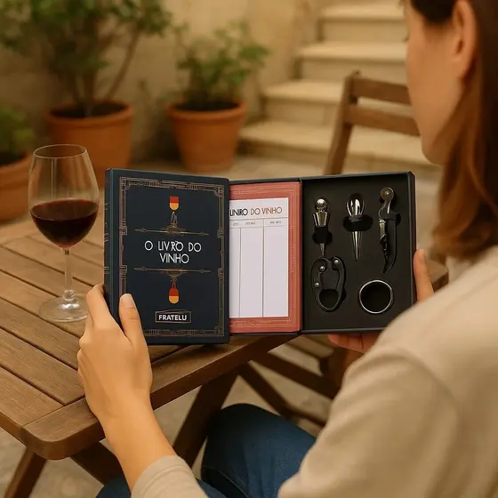 Kit Vinho 5 Peças Livro Tampa Lacre Rosca Elegância Saca Rolha Puxa Abridor Apreciador Vinho Formato