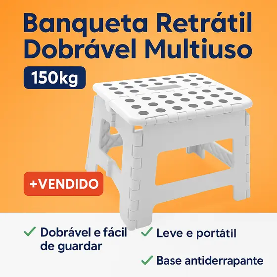 Banqueta Retrátil Dobrável Multiuso 150kg Branca – Plástica, Portátil, Compacta