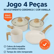 Kit Jogo Panelas Cerâmica Antiaderente Vanilla com Tampa de Vidro/ Gás, elétrico e vitrocerâmico - 4 Pçs