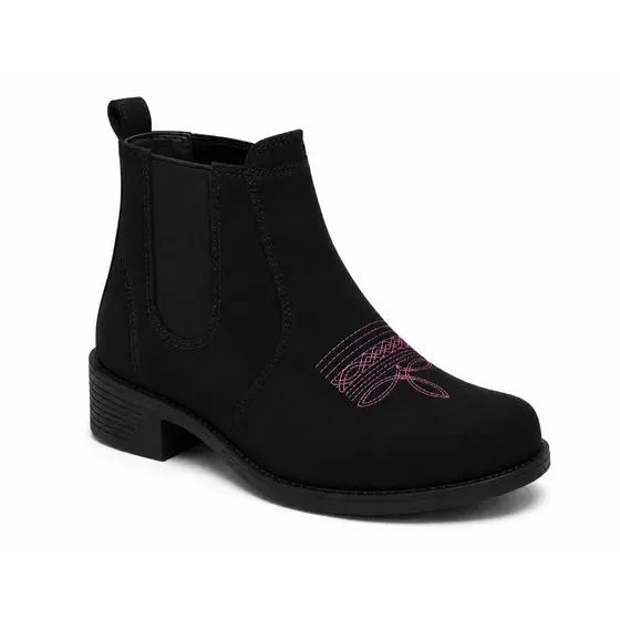 Bota Country Feminina Botina Texana Preta Camurça Bordado Pink Cano Curto Confortável Encast