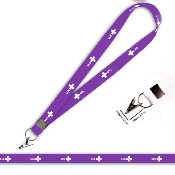 Cordão personalizado SUS roxo para crachá ou chaveiro com Jacaré com Argola