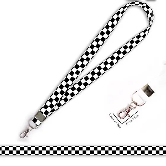 Cordão personalizado Quadriculado Preto e Branco para crachá ou chaveiro com Mosquete