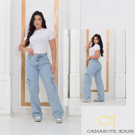 Camarote jeans wide leg cargo tendência cintura alta