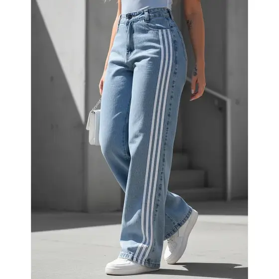 Calça Jeans Feminina Cargo Wide Leg Cintura Alta Listras Laterais Estilo Esportivo Streetwear