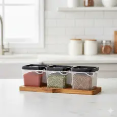Porta Temperos com Base de Madeira Teca para Cozinha e Mesa Posta Servir e Organizar Casa Organizada