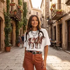 Camisa Feminina Country Com Estampa De Cavalos Malha Algodão Blusa T Shirt Country Roupas Modas Top