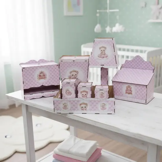 Kit Higiene Bebê Adesivado Decorado Mdf 8 Peças Chá de Bebê Presente Infantil