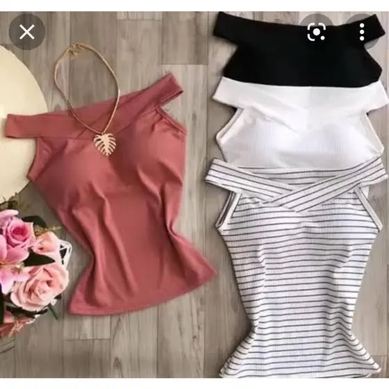 Blusa feminina canelada cavada ombro a ombro com bojo moda