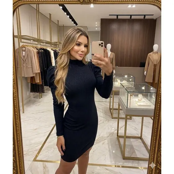 vestido feminino curto justo tubinho gola alta manga longa bufante top moderno
