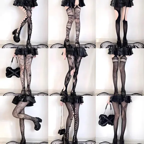 Preto Estilo Gótico Meia-Calça Arrastão Meias Femininas Irregular Rasgado Longo Tubo Alto Liga Menina Quente Y2k
