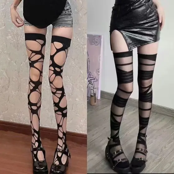Meias Altas Irregulares Estilo Gótico Punk Y2k Subcultura Buraco Meia-Calça Oca