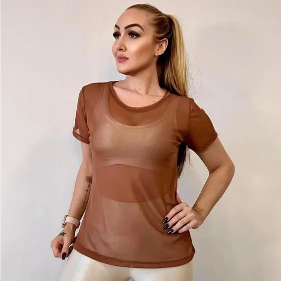 Blusa Feminina De Tule Transparente Academia Fitness Camis茫o Fitness