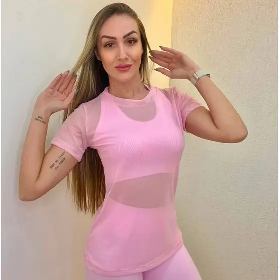 Blusa Feminina Fitenss De Tule Trasparente Roupa De Academia Com Manga Moda