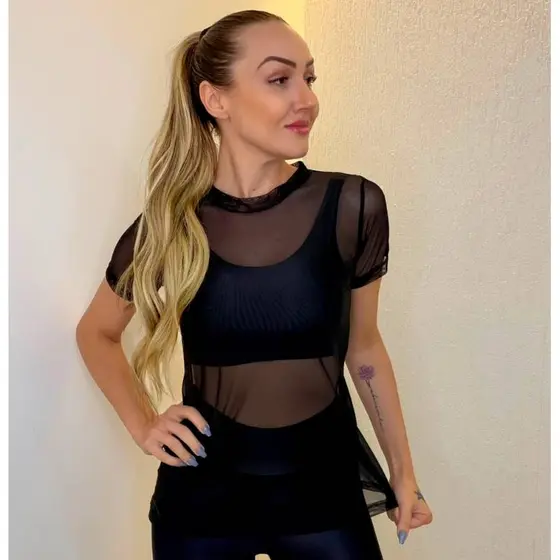 Blusa Feminina de Academia Transparente Fitness Manga Curta