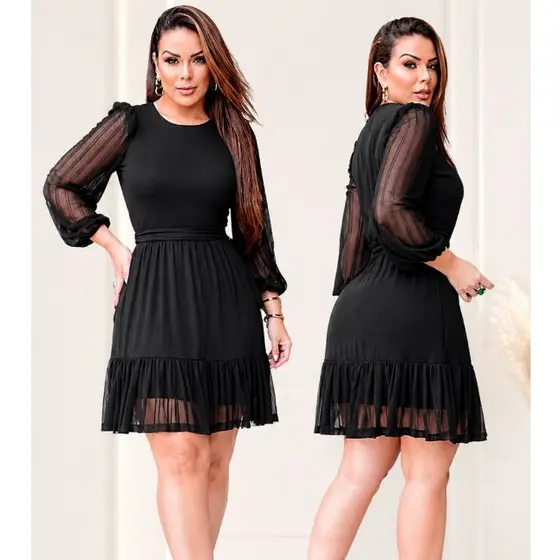 Vestido Manga Longa Estampado Tule Solto Com Cinto Removivel Moda Evangelica Formatura