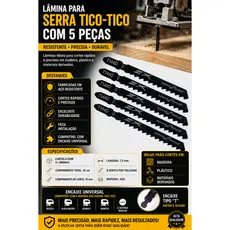 Kit Lâminas Serra Tico Tico Universal 5 Peças Corte Madeira MDF e Plásticos Profissional