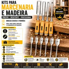 Kit Jogo de Formão e Brocas Chatas para Madeira Marceneiro Carpintaria Profissional Completo