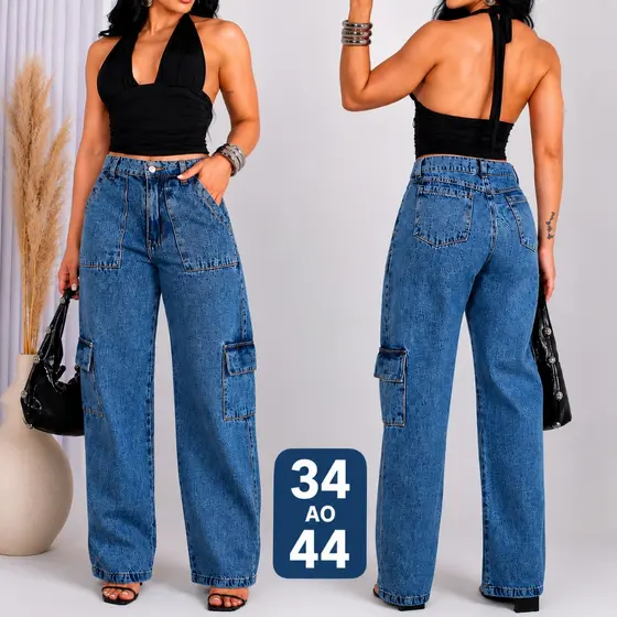 Calça Cargo Feminina Jeans Wide Leg Cintura Alta 100% algodão do 36 ao 46