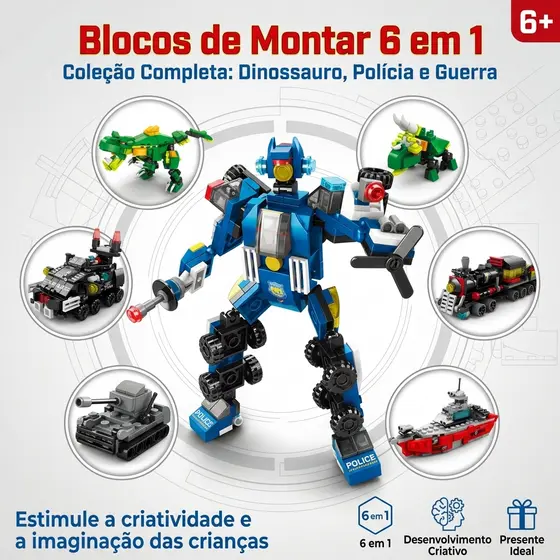 Bloco de Montar Bricks | 6 em 1 | Tema Guerra, Tanque, Dinossauro, Polícia e Navio | Presente Ideal