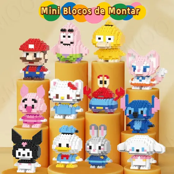 Blocos de Montar Miniatura Stitch Mario Pikachu Kit Personagens Colecionáveis