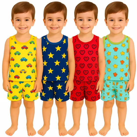 Kit 6 Peças Pijama Infantil Regata Masculino Sendo 3 Camisetas + 3 Bermudas 2 ao 8 Anos