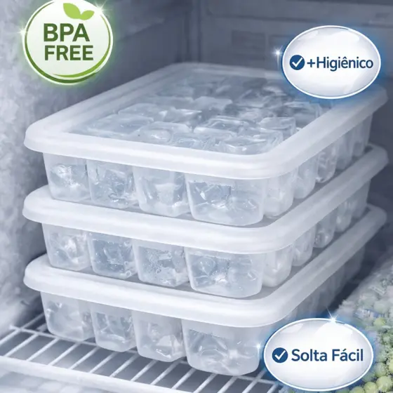 KITS Formas de Gelo com Tampa Transparente, 14 cubos, Solta Fácil, Qualidade Premium