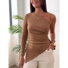 Blusa feminina nula, manga longa, assimétrica de um ombro só, ribana canelada – moda tendência