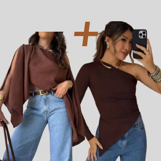 Kit 2 Blusas Femininas – Bata Capa Boho Chic Multifuncional + Blusa Assimétrica Nula Manga Ribana Canelada | Moda Tendên