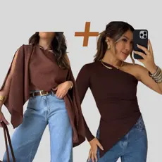 Kit 2 Blusas Femininas – Bata Capa Boho Chic Multifuncional + Blusa Assimétrica Nula Manga Ribana Canelada | Moda Tendên