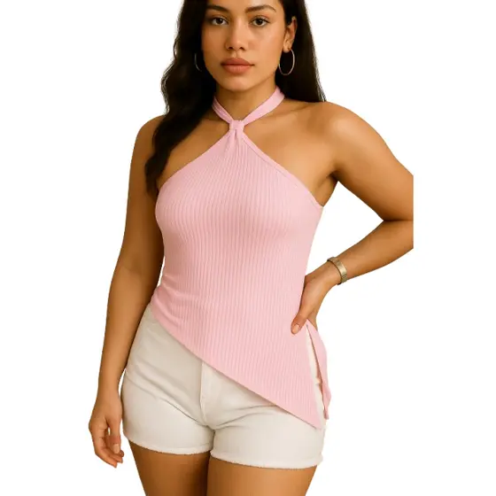 Blusa Feminina  Ribana Canelada Assimétrica Halter Gola Americana – Moda Verão Elegante