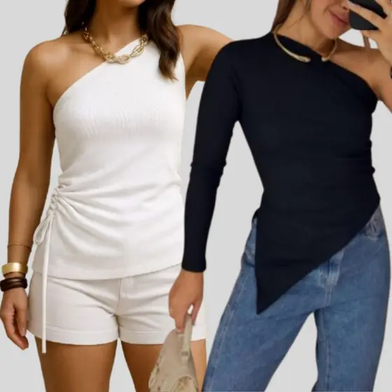 Kit 2 Blusas Femininas Drapeada + Assimétrica Ribana Canelada Um Ombro Só