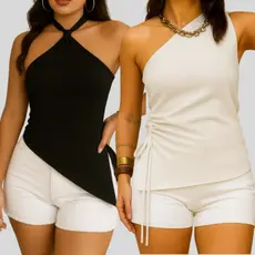 Kit 2 Blusas Femininas Assimétricas – Amarração no Pescoço + Drapeada Canelada