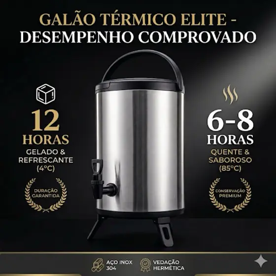 Galão Botijão Térmico Inox Com Torneira, Pés Retráteis e Alça para carregar Garrafa Grande 6L 8L 12L Profissional