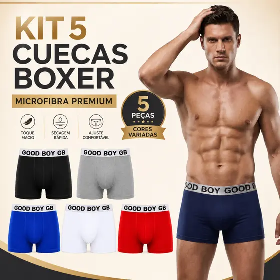 Kit 5 Cuecas Boxer Masculina Microfibra com Forro 100% Algodão Anatômica Box
