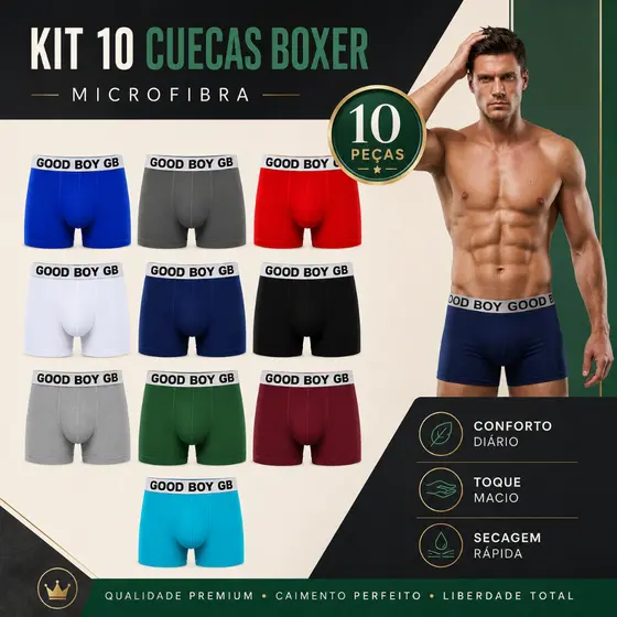 Kit 5 ou 10 Cuecas Boxer Masculinas Microfibra com Forro 100% Algodão Premium Good Boy